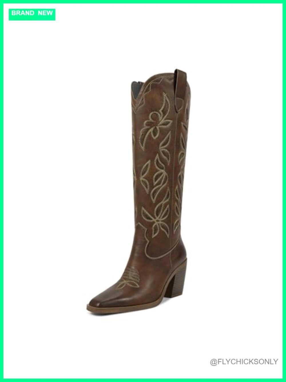 Knee High Faux Leather Cowboy Boots Floral Cutout Western Style